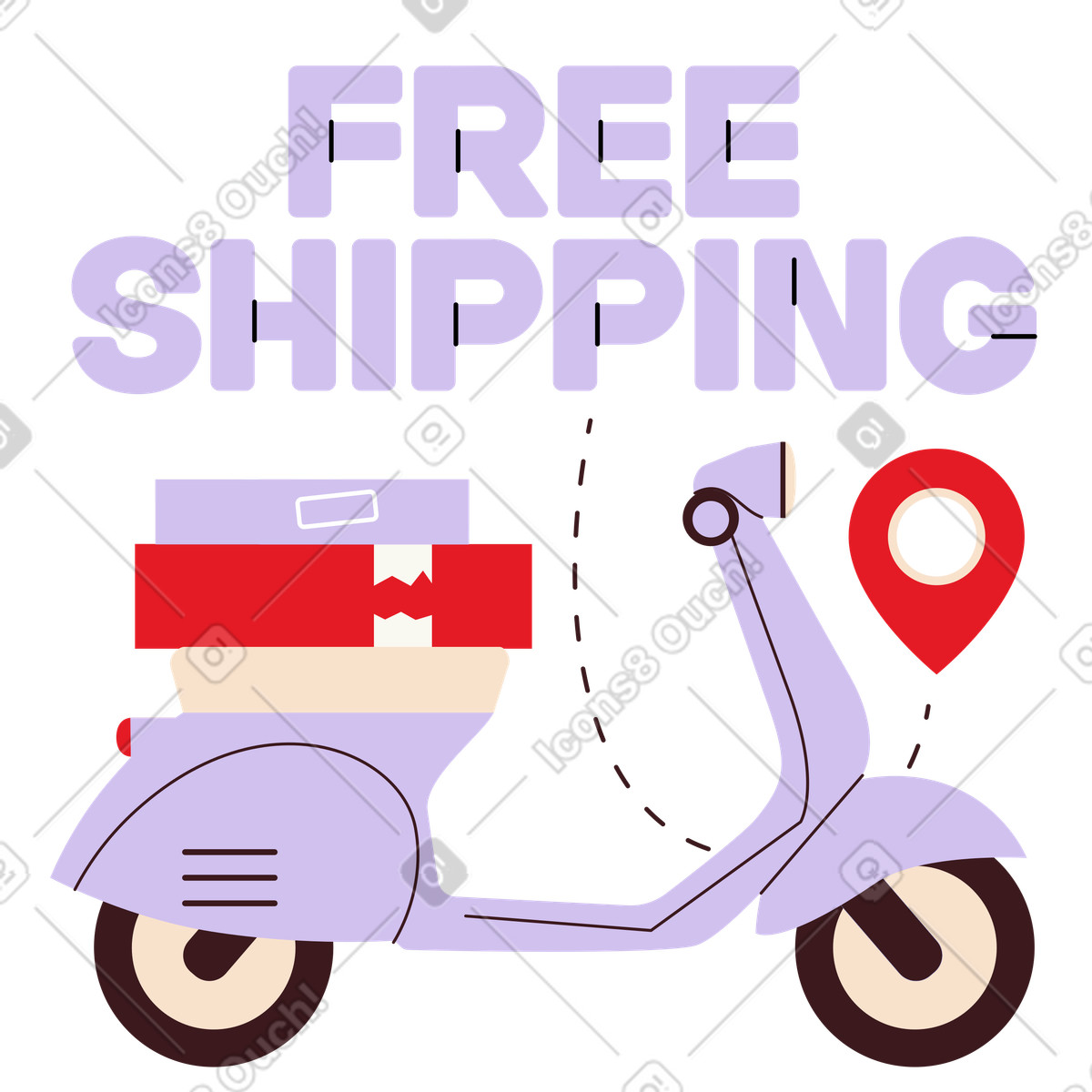 Ilustración Texto de envío gratis con scooter entrega y señal ubicación en estilo Folks a descargar en PNG SVG