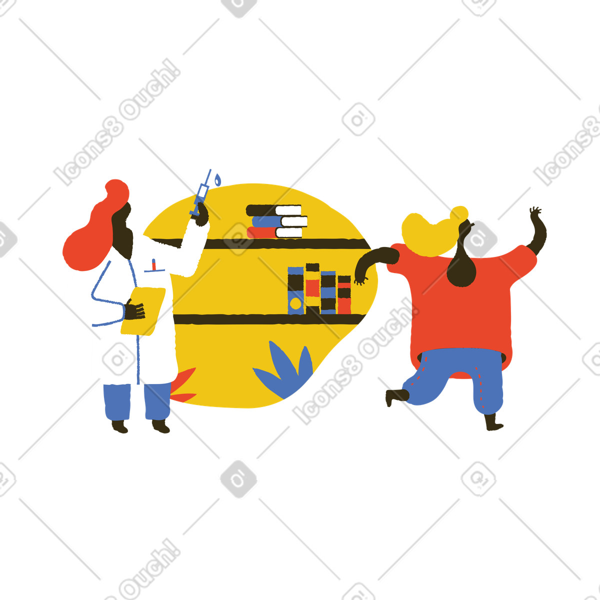 Frau rennt mit spritze vor arzt davon-Illustration im Bermuda-Stil als Download in PNG, SVG