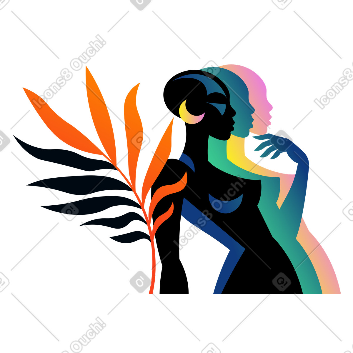 Schwarze frau steht im profil mit pflanze-Illustration Amani-Stil als Download in PNG, SVG