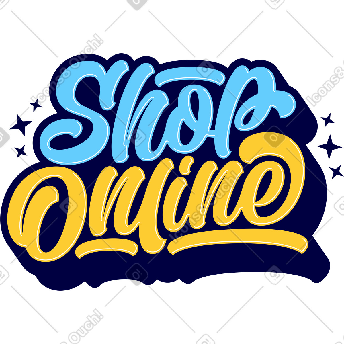Ilustración Tienda de letras en línea con texto sombra y estrellas estilo Lettering a descargar PNG SVG