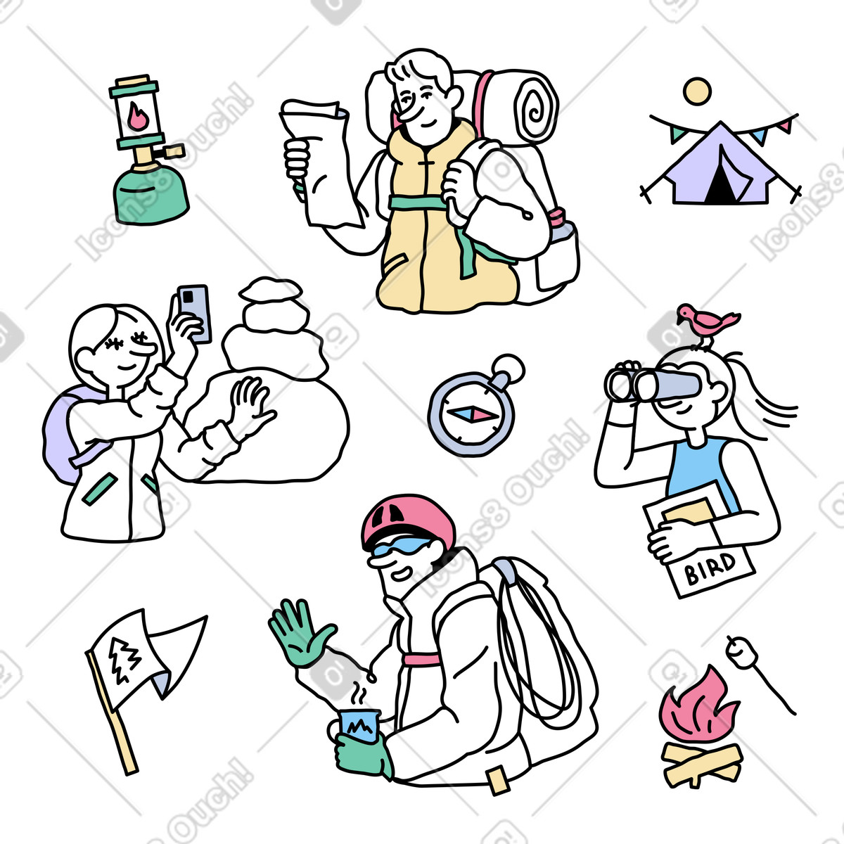 Illustration Aventures dans la nature : voyages et exploration le style Notes à télécharger aux formats PNG, SVG
