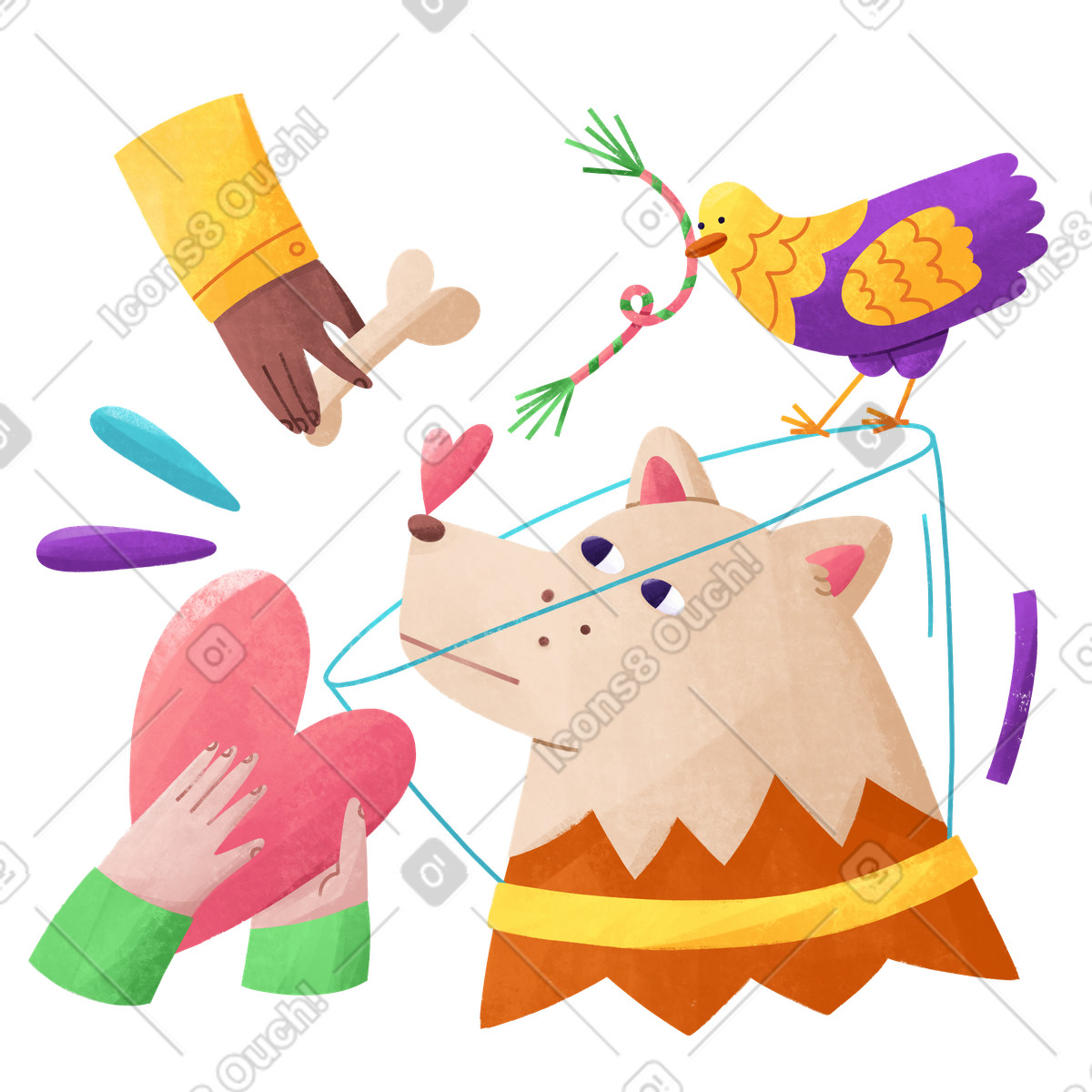 Taking care of dog in recovery collar illustration Bonbon style download PNG, SVG