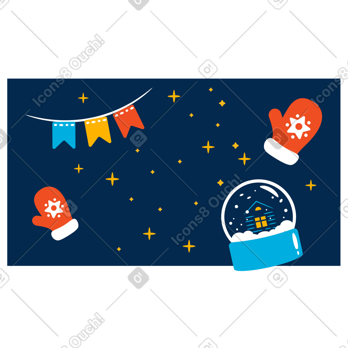 Snow globe, mittens, and flag garland, Christmas holiday background illustration in Flame style download in PNG, SVG