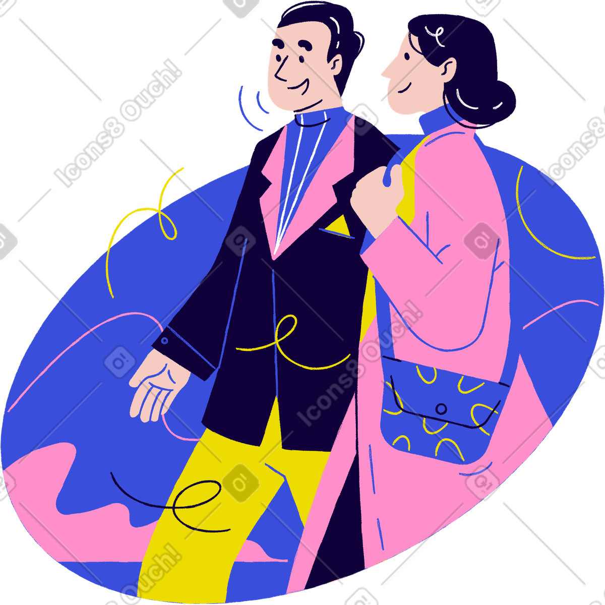 Ilustración Couple walking arm in arm, Social outing or romantic date en estilo Holidays a descargar en PNG y SVG