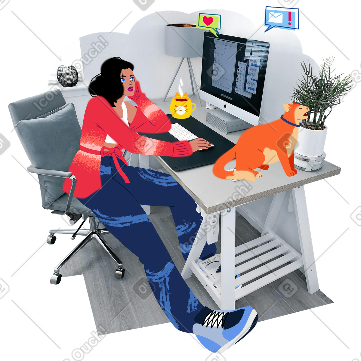 Young woman working at a computer from home illustration in Everyday style download in PNG, SVG