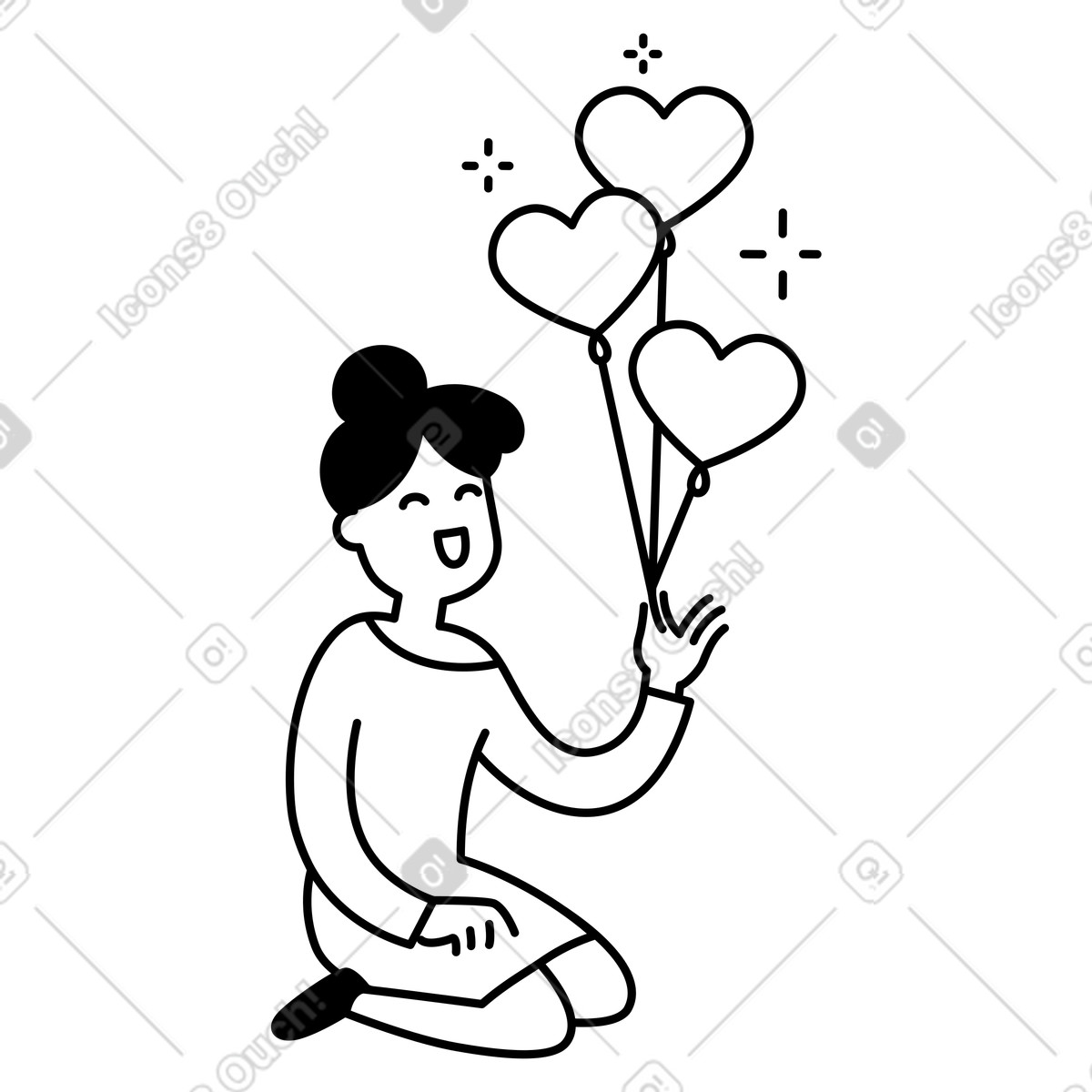 下载 Notion Line Art 风格的 Love kneeling character releasing floating hearts with joyful expression 插画，支持 PNG、SVG 格式