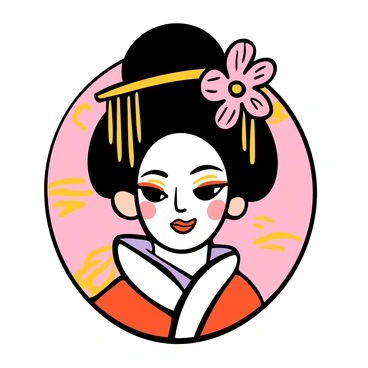 A traditional face illustration of a geisha with fair skin and intricate, ornate makeup. Her eyes are accented with bold eyeliner and vibrant colors, showcasing a striking look. She has a delicate red lip that stands out against her pale complexion. Her hair is styled in an elaborate updo, adorned with various colorful hairpins and flowers. The background features soft hints of traditional patterns, complementing the elegance of her attire.