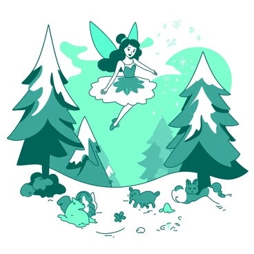 A teal fairy with delicate wings, adorned in a shimmering white dress, hovers above a winter forest. She is gracefully sprinkling sparkling magical dust that glimmers as it falls towards the snow-covered ground. The trees are tall and frosted with white snow, their branches reaching up towards the cloudy sky. Beneath the fairy, small woodland creatures are peeking out from their hiding spots, watching in awe as the magical dust swirls around them. A soft light emanates from the fairy, illuminating the scene with a warm glow amidst the cool tones of the winter setting.
