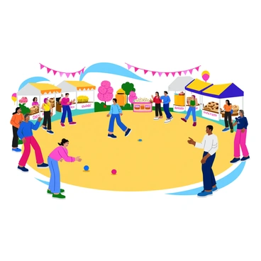 A lively festival scene with groups of people playing petanque on a sandy court. The players, dressed in colorful clothing, are focused on their game while spectators cheer them on. Nearby, there are stalls adorned with bright banners, each selling various treats such as cotton candy, popcorn, and pastries. The stalls are bustling with activity, with children eagerly pointing at the sweets. In the background, festive decorations like balloons and streamers are visible, adding to the energetic atmosphere.