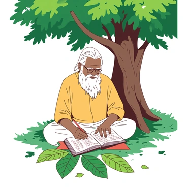 An elderly man with a long beard is sitting cross-legged under the shade of a large green tree. He is focused on writing on several palm leaves arranged in front of him. His hands are deftly moving, holding a sharpened stylus, etching intricate characters into the leaves. The ground is covered with fallen leaves and soft grass, creating a natural carpet around him. A gentle breeze rustles the branches overhead, providing a serene atmosphere as he immerses himself in the creation of "Ramayana." The scene is bathed in a harmonious blend of colors, enhancing the tranquil environment.