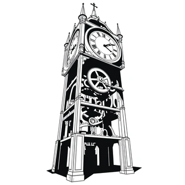 A massive clock tower stands tall, its structure adorned with ornate architectural details. The tower features intricate gears and mechanisms that are fully exposed, showcasing a complex network of cogs and wheels. The gears are metallic, gleaming in the light, and some show signs of wear. The clock face, positioned high on the tower, has large Roman numerals and intricate hands that are moving steadily, indicating the time. Shadows cast by the gears create a dramatic effect around the base of the tower, enhancing the ominous atmosphere of the scene.