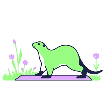 A prairie dog is practicing yoga poses on a yoga mat. The prairie dog is positioned in a "downward dog" pose, with its back arched and paws placed firmly on the mat. The mat is spread out on a grassy surface, surrounded by a few wildflowers. The early morning light gently illuminates the scene, casting soft shadows around the prairie dog. In the background, a few blades of grass sway slightly in a light breeze.