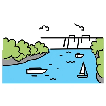 A wide river flows gently, with a large hydroelectric dam visible in the background. The dam features multiple levels and cascading water, showcasing its power generation. Several boats, including a small sailboat and a motorboat, glide smoothly past the dam on the river, creating small ripples in the water. Lush greenery lines the riverbanks, with trees and bushes framing the scene, adding to the natural beauty of the environment. The sky is clear with a few clouds, allowing sunlight to glisten on the surface of the water.