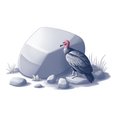 A turkey vulture is perched quietly on the ground, its wings slightly folded against its body. It has a dark plumage and a distinctive red head. The bird is resting in the shade provided by a large boulder, which casts a shadow over its form. Surrounding the boulder is a rocky terrain with sparse vegetation, including some dry grasses and low shrubs. The scene captures the natural environment where the turkey vulture finds a moment of respite.