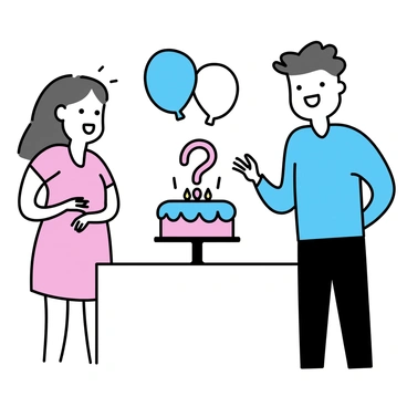 A couple is standing together next to a large, round cake placed on a table. The cake is decorated with blue and pink frosting, featuring a prominent "?" symbol made of colorful icing on the top. The man, wearing a light blue shirt and dark jeans, is smiling at the woman, who is wearing a pink dress. They both appear excited and are looking at the cake, ready to reveal the gender. In the background, there are balloons in shades of blue and pink arranged decoratively.