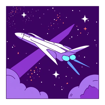 A sleek silver spaceship with smooth contours and glowing blue lights is soaring through a vast galaxy filled with twinkling stars. The spaceship has elongated wings that extend outward, tapering to sharp points. In the background, a mix of deep purple and rich black forms the expanse of space, dotted with clusters of bright white stars. Some stars have a faint orange glow, creating an ethereal ambiance around the spaceship. The ship's engines emit a soft blue glow, illuminating the immediate space around it as it navigates through the cosmic scene.