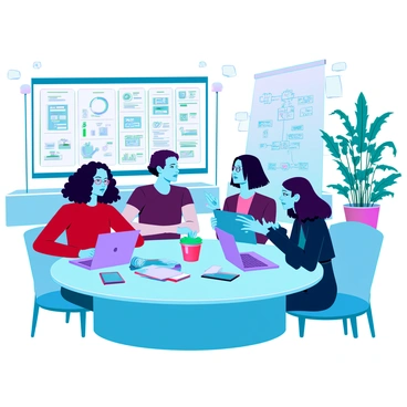 A group of five entrepreneurs, two women and three men, are gathered around a large, round table covered with laptops, notepads, and colorful stationery. One woman has curly hair and wears glasses, while the other has straight hair and is dressed in a casual outfit. One of the men is sketching ideas on a digital tablet. The workspace is filled with vibrant, creative decor, including abstract wall art, a vertical garden with lush green plants, and innovative lighting fixtures. Large windows let in natural light, and a whiteboard in the background is filled with diagrams and notes, showcasing the collaborative brainstorming process.