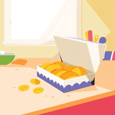 An open box of crackers with a colorful design sits on a wooden kitchen counter. Several cracker pieces are spilling out from the box, scattered across the surface. The countertop features a few crumbs around the crackers, adding to the scene. Natural light streams in from a nearby window, casting soft shadows on the counter. There are small utensils and a bowl in the background, hinting at a warm kitchen atmosphere.