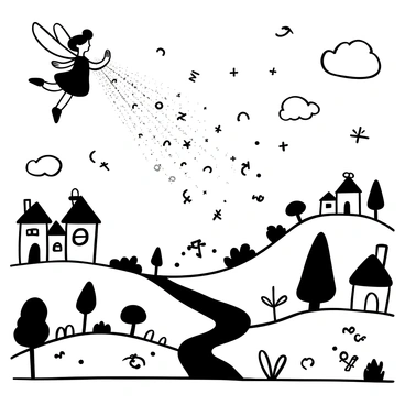 A fairy with delicate wings is in the air, gracefully sprinkling shimmering math equations that resemble sparkling glitter. The equations are scattered throughout a magical landscape filled with rolling hills, whimsical trees, and small, glistening streams. In the background, there are fairy-tale cottages with pointed roofs, and fluffy clouds drift lazily above. Stars are twinkling in the sky, adding to the enchanting atmosphere. The entire scene is filled with a sense of wonder and magic.