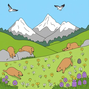 A vibrant alpine meadow filled with colorful wildflowers in various shades of purple, yellow, and white. In the foreground, a group of playful marmots are scattered around, some peeking out from behind rocks while others are nibbling on green grass. Above, several birds are soaring gracefully in the bright blue sky, their wings spread wide. The background features majestic snow-capped mountains, providing a stunning backdrop to the lively scene. The meadow is bathed in warm sunlight, creating an inviting atmosphere.