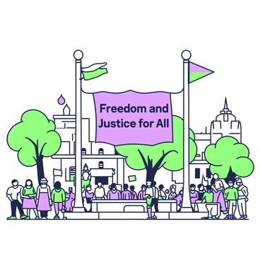 A city square is bustling with activity. In the center, a large banner is prominently displayed, reading "Freedom and Justice for All" in bold letters. The banner is suspended between two tall flagpoles, waving gently in the breeze. Surrounding the square, people of diverse backgrounds gather, some holding signs in support of the message on the banner. There are trees lining the square, and historical buildings can be seen in the background, adding to the urban atmosphere. The sky above is clear, allowing sunlight to illuminate the scene.