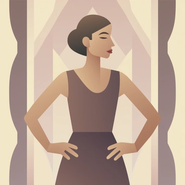 An elegant lady wearing a sophisticated dress posing in front of an art deco backdrop featuring geometric patterns and graceful lines.