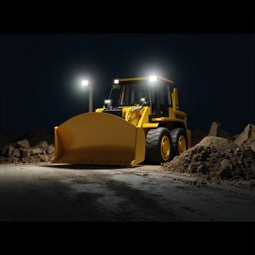 A large yellow bulldozer with a prominent blade is positioned at a nighttime construction site. The bulldozer is illuminated by bright, overhead work lights that cast sharp shadows on the ground. The surrounding area features piles of dirt and rubble, with construction materials scattered around. The sky is dark, contrasting with the bright lights, creating a focus on the active machinery. Shadows and highlights emphasize the details of the bulldozer's structure and the textures of the construction site.
