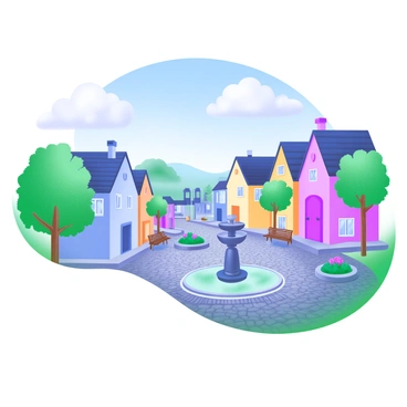 A picturesque digital illustration of a quaint village with cobblestone streets and colorful houses.