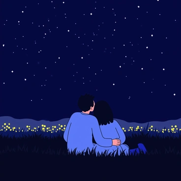 A couple sits closely together in a dark field, surrounded by tall grass that sways gently in the breeze. They gaze upward, marveling at the vast sky filled with countless stars that twinkle brightly. In the distance, the faint glow of city lights flickers, providing a soft contrast to the darkness of the field. The couple's silhouettes are outlined softly against the night sky, conveying a sense of intimacy and wonder.
