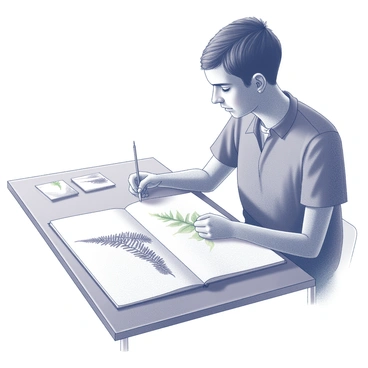 An artist is sitting at a wooden table, focused on sketching. They are using a pencil to create a detailed close-up of a fern leaf, capturing its intricate texture and patterns. The fern leaf is positioned flat on the page of an open notebook, with the artist's hand gently resting on the edge. The notebook displays a few other sketches in the background, while a soft light illuminates the scene. The artist's concentration is evident as they observe the leaf closely, ensuring accuracy in their drawing.