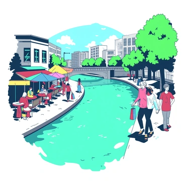 A teal river flows through the center of a bustling city. On either side of the river, there are outdoor cafes with colorful umbrellas providing shade for patrons. People of different ages and ethnicities are strolling along the riverwalk, some with shopping bags, while others are engaged in conversation. There are benches along the path, where a few individuals are sitting and enjoying the view of the water. Lush green trees line the riverbank, adding a natural touch to the vibrant urban scene. The sun is shining brightly, creating a lively atmosphere.