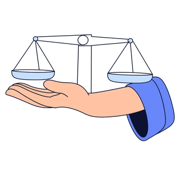 A close-up illustration of "Themis's hand" is depicted, elegantly holding a perfectly balanced scale. The hand is adorned with a flowing robe that adds a sense of depth to the image. The scale features two identical pans, evenly positioned, symbolizing balance. The background is minimalistic, focusing on the hand and scale, enhancing the overall clarity of the composition.