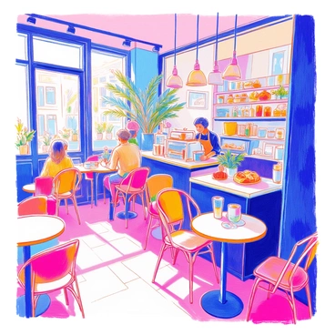 A bustling modern cafe is filled with sleek, minimalist furniture, including metal chairs and glass-topped tables. The interior features large windows that allow natural light to flood the space. Several people are seated at different tables, engaged in conversation or working on laptops. A barista behind the counter prepares coffee drinks, surrounded by an array of coffee machines and pastries on display. Indoor plants are placed throughout the cafe, adding a touch of greenery to the lively atmosphere.