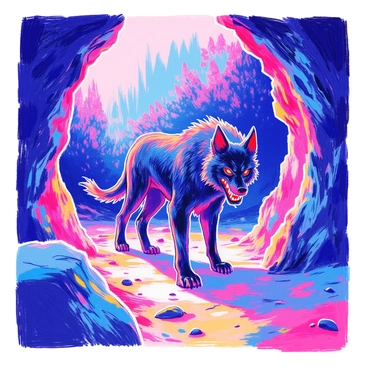 A fierce black hellhound is standing guard at the entrance of a cave. The hellhound has a muscular build and sharp teeth visible in a menacing snarl. Its fur is sleek and glossy, contrasting with the rocky texture of the cave. The creature's glowing red eyes are fixed intently on any approaching figures. The entrance of the cave is surrounded by jagged rocks and shadows, adding to the ominous atmosphere. In the background, faint hints of a dark forest can be seen, enhancing the sense of foreboding.