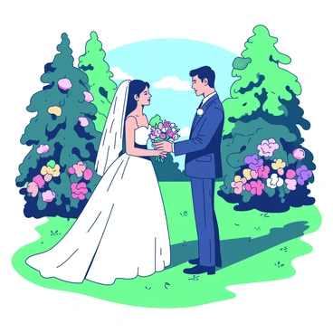 A bride wearing a flowing white gown and a groom in a navy suit are standing on a soft green lawn in a lush garden. They are facing each other, with the bride holding a small bouquet of colorful flowers. Behind them, there are various blooming flowers in shades of pink, purple, and yellow, creating a vibrant backdrop. The sunlight filters through the leaves of tall trees, casting gentle shadows on the ground. The atmosphere is filled with the essence of romance as they exchange their vows, surrounded by nature’s beauty.