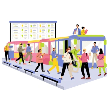 A busy bus terminal filled with various people. There are individuals of different ages and ethnicities, some carrying backpacks while others hold coffee cups. A large digital display board shows bus schedules with bright, colorful lights. Several buses in different colors are parked at the terminal, with their doors open, waiting for passengers. People are hurrying across the terminal, some glancing at their watches, while others are chatting or looking at their phones. The floor is made of gray tiles, and there are benches along the sides for waiting passengers.