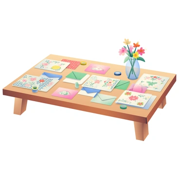 A wooden table is covered with an assortment of handmade stationery items. There are various sheets of paper in different sizes, each featuring unique printed designs such as floral patterns, geometric shapes, and whimsical illustrations. Several envelopes, matching the stationery, are arranged neatly next to the papers. Scattered among the items are colorful washi tapes and a few decorative stamps. In the background, a delicate glass vase holds fresh flowers, adding a touch of color to the scene. A soft light illuminates the table, highlighting the intricate details of the stationery.