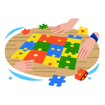 A complex jigsaw puzzle with colorful pieces that fit together to form a larger die. Each puzzle piece displays different numbers and dots, representing the faces of the die. The puzzle is spread out on a wooden table, with some pieces connected and others scattered around. The die appears to be a classic six-sided die, with vibrant red, blue, green, and yellow colors on each face. The surrounding area includes a pair of hands reaching for a piece to connect it to the larger structure.
