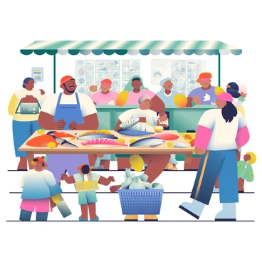 A vibrant scene at the Hamburg Fish Market unfolds with various vendors selling fresh seafood. One vendor, a man with light skin and a blue apron, displays a large array of fish such as salmon, mackerel, and shrimp on a wooden table. Next to him, a woman with dark hair in a ponytail wears a red hat and is arranging bright yellow lemon slices beside her colorful halibut. Customers of diverse backgrounds are gathered around, examining the fresh catch. The market is lively, with people chatting and children pointing at the seafood. Above, colorful awnings provide shade, and there are crates filled with ice displaying various shellfish. The atmosphere is bustling, filled with the sounds of vendors calling out and the scent of the ocean.