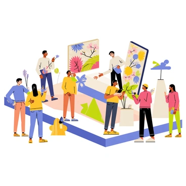 An illustration platform showcasing a variety of artistic styles and cultures. The platform features several vibrant art pieces, each representing different cultural backgrounds. The artworks include a colorful mural inspired by Indigenous art, a delicate Japanese ink painting of cherry blossoms, and a bold street art piece filled with geometric patterns. The surrounding space is filled with abstract sculptures made from various materials like metal and wood. A diverse group of people, including artists and art enthusiasts, gather around, admiring the works and engaging in conversation.