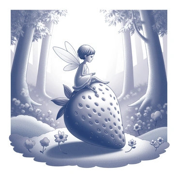 A tiny fairy with delicate wings made of leaves is perched atop a giant strawberry. The fairy has an intricate dress that resembles petals and small vines, complementing her natural appearance. Surrounding the strawberry, lush foliage and towering trees create a vibrant setting within a magical forest. Sunlight filters through the leaves, casting intricate shadows on the ground. Nearby, small flowers with intricate shapes add to the enchanted atmosphere, while small creatures can be seen watching in curiosity.