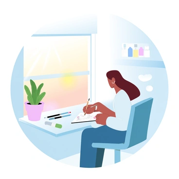 An artist is sitting on a chair by a window. The sunlight is streaming in through the window, casting warm, golden light across the room. The artist is focused on drawing in a sketchbook placed on their lap. The room features various art supplies scattered around, including pencils and paints. A potted plant is visible on the windowsill, basking in the sunlight. The overall ambiance conveys a peaceful, creative atmosphere.