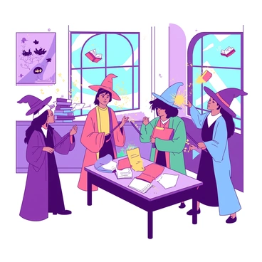 A group of students in a whimsical classroom are using colorful magic wands. The classroom has large, arched windows letting in vibrant light, and enchanted posters hang on the walls, featuring floating books and mystical creatures. Each student is engaged in their own magical task; one student is casting sparks from a wand, while another is trying to levitate a small desk with a focused expression. The students are diverse in appearance, wearing various magical robes in different styles. The atmosphere is lively with a sense of wonder and excitement.