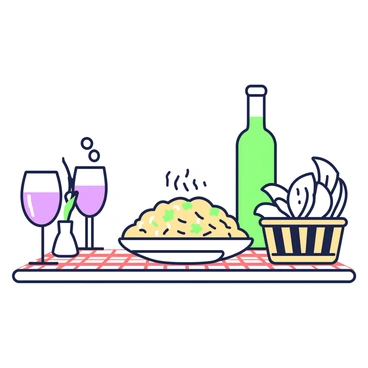 An Italian dinner table set with garlic bread, pasta, and wine