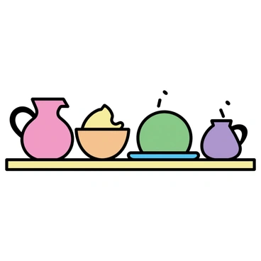 A shelf holding various pottery pieces, each uniquely shaped and displaying a range of colors corresponding to the color wheel. The pottery includes a bright red vase, an orange bowl, a yellow pitcher, a green plate, a blue cup, and a violet jar, arranged in a balanced manner. The shelf itself is made of light wood, providing a warm contrast to the vibrant colors of the pottery. Each piece is glossy and showcases intricate patterns or textures, enhancing their visual appeal.