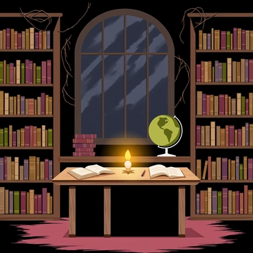 A dimly lit library with tall wooden shelves filled with ancient, dusty books. The shelves are overflowing with various sizes of books bound in leather and parchment. A large wooden table sits in the center, scattered with open books and an old quill. A single flickering candle casts soft shadows across the room. The atmosphere feels thick and mysterious, with cobwebs in the corners and an ornate globe standing in the background. A large, dark window reveals a stormy night outside, enhancing the eerie ambiance.