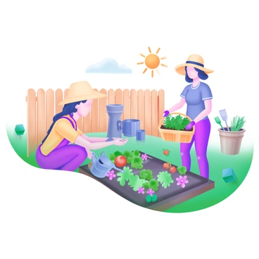 A vibrant community garden scene featuring several neighbors working together. One neighbor, wearing a wide-brimmed hat, is kneeling and planting flowers while another is watering a patch of greens with a watering can. A third neighbor is standing nearby, holding a basket filled with fresh vegetables and sharing tips with the others. The garden is filled with colorful plants, including tomatoes, herbs, and blooming flowers. In the background, a wooden fence is visible, along with compost bins and garden tools scattered around. The sun is shining bright, casting a warm light over the cheerful scene.