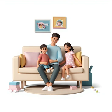 A babysitter, wearing a light blue shirt and dark jeans, is sitting on a plush beige sofa. She has a warm smile and is holding a small boy, who is dressed in a red t-shirt and blue shorts, on her lap. Next to her, a little girl, wearing a pink dress with white polka dots, is leaning against the sofa, smiling widely. Behind them, there is a colorful wall with family photos framed in bright-colored frames. The living room has a cozy feel, with a soft rug on the floor and some toys scattered around, creating a cheerful and inviting atmosphere.