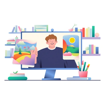 An instructor with light brown hair is visible on a computer screen, offering feedback on various student artworks displayed onscreen. The instructor is wearing a navy blue shirt and has a friendly expression. Surrounding the screen are colorful art supplies, including paintbrushes, markers, and sketchbooks. Two student artworks are prominently featured on the screen; one is a vibrant landscape painting, and the other is a colorful abstract piece. The background of the online session shows a cozy room with bookshelves filled with art books and a small potted plant on the desk.