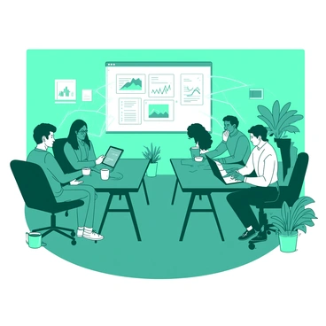 A teal room filled with diverse individuals sitting at desks, each focused on their digital devices. Each person is shown with a different expression, highlighting their engagement. A white screen in the background displays various charts and graphs to represent collaboration. Lines of light connect the individuals, indicating their virtual interaction. Around the room, elements like potted plants and coffee mugs add to the workplace atmosphere.